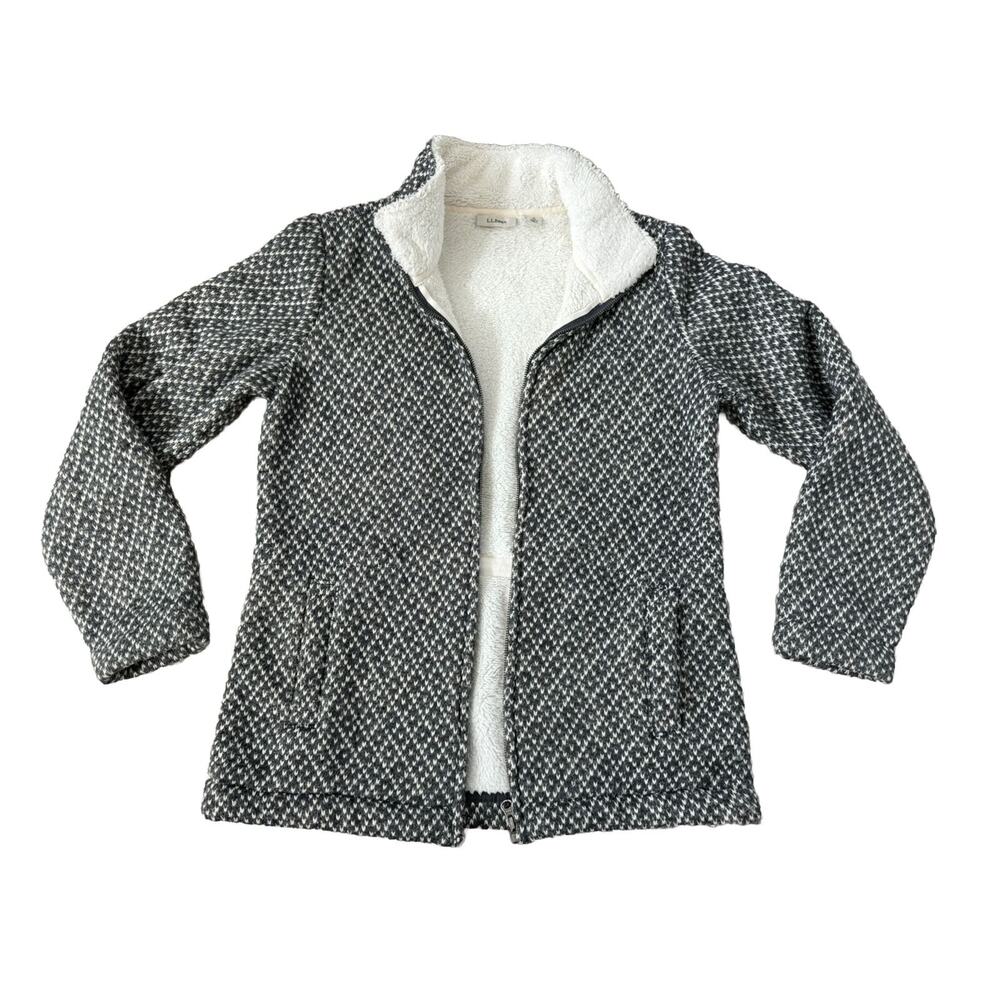 LL Bean Zip Sweater Jacket Womens Small Sherpa Lined Cinch Waist Gray Birds Eye